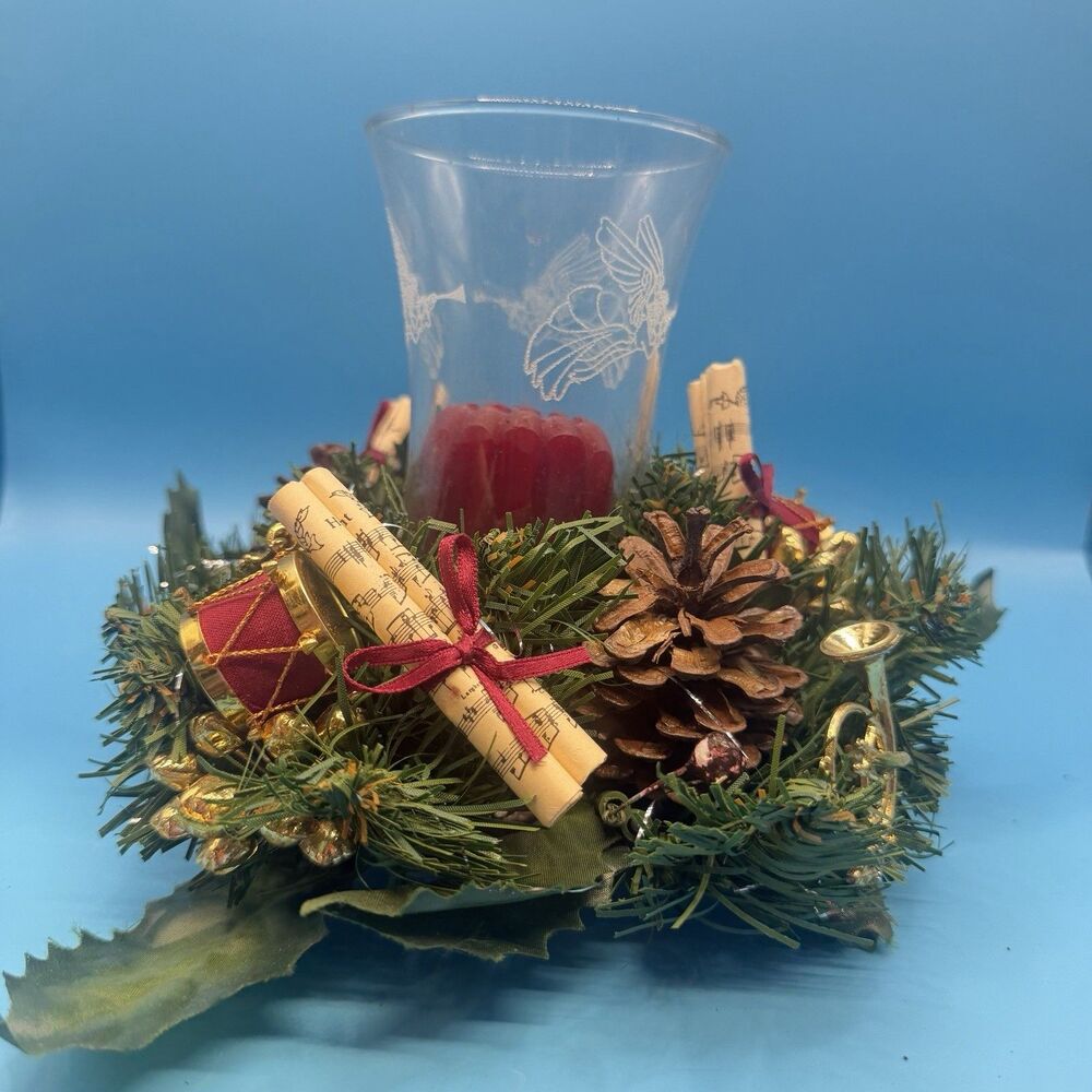 Christmas Candle Centerpiece Angel Glass Pinecone Drum Music Scroll Holiday Deco